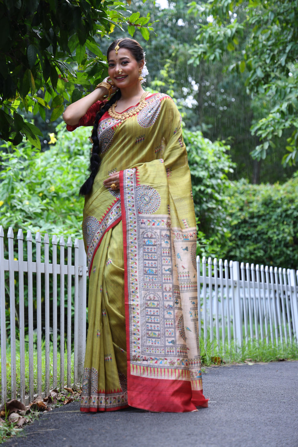 Mahendi Pure Tussar Silk Kalamkari Print Tussar Saree