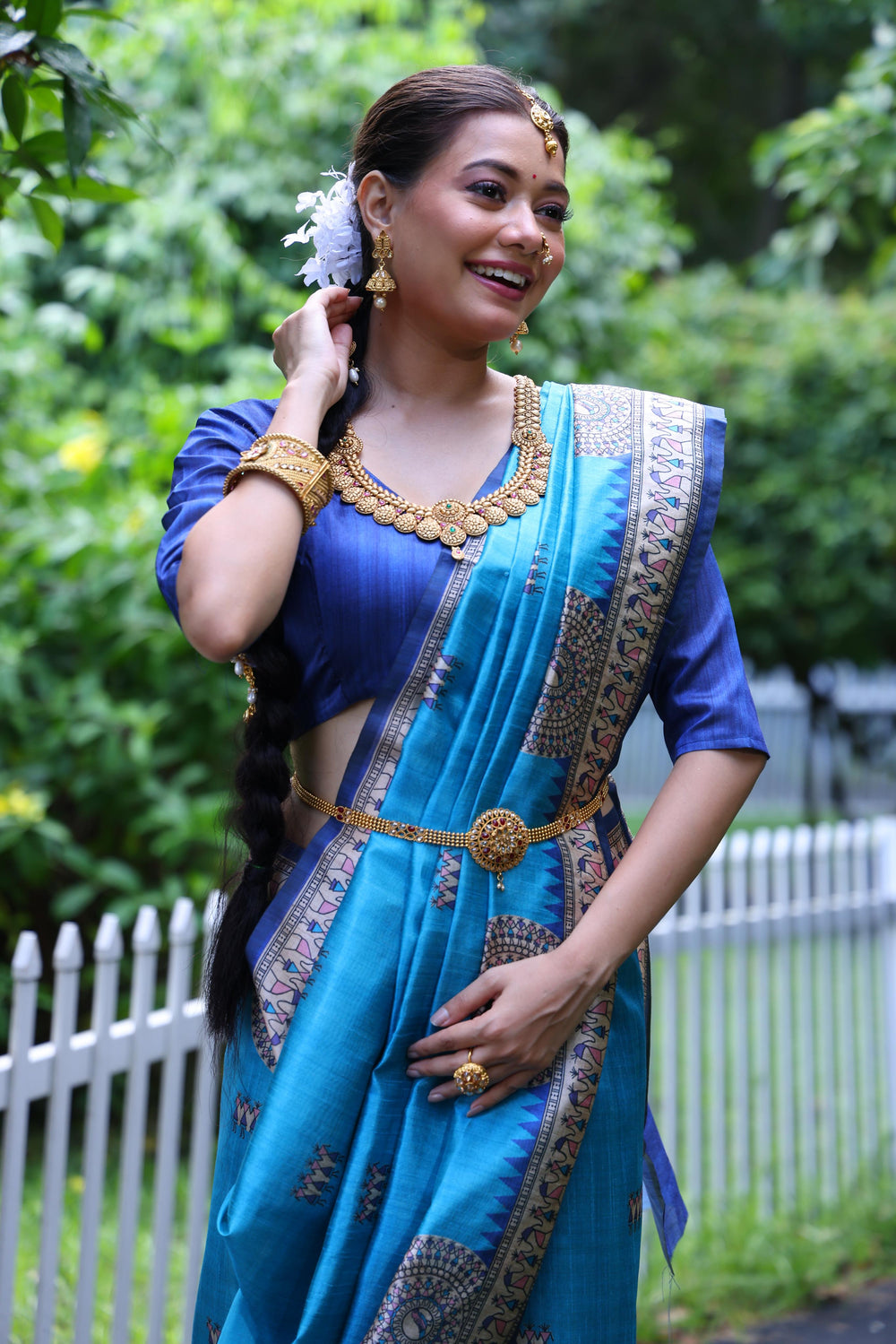 Firozi Pure Soft Tussar Silk with Kalamkari Print Tussar Saree