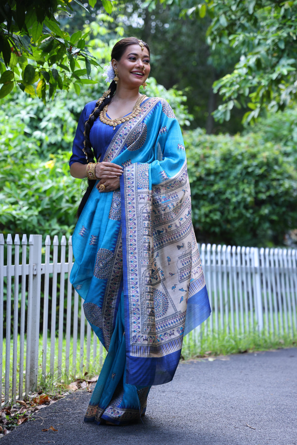 Firozi Pure Soft Tussar Silk with Kalamkari Print Tussar Saree