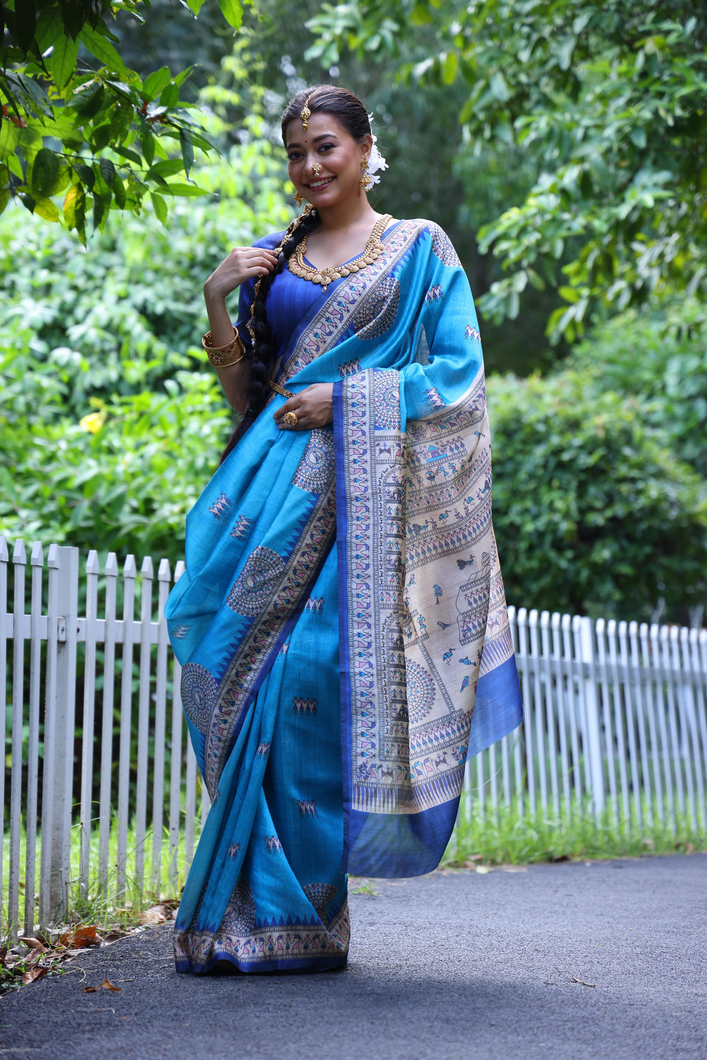 Firozi Pure Tussar Silk Kalamkari Print Tussar Saree