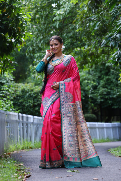 Pink Pure Tussar Silk Kalamkari Print Tussar Saree Tussar Saree Anant Tex Exports Pvt.Ltd..