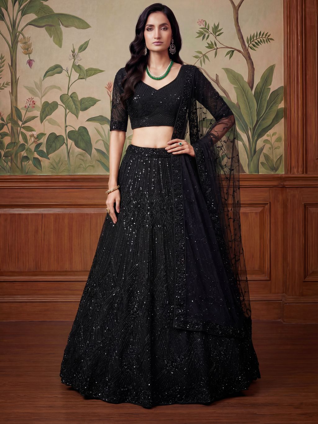 Black Pure Soft Net Heavy Embroidery Work Bridal Lehenga