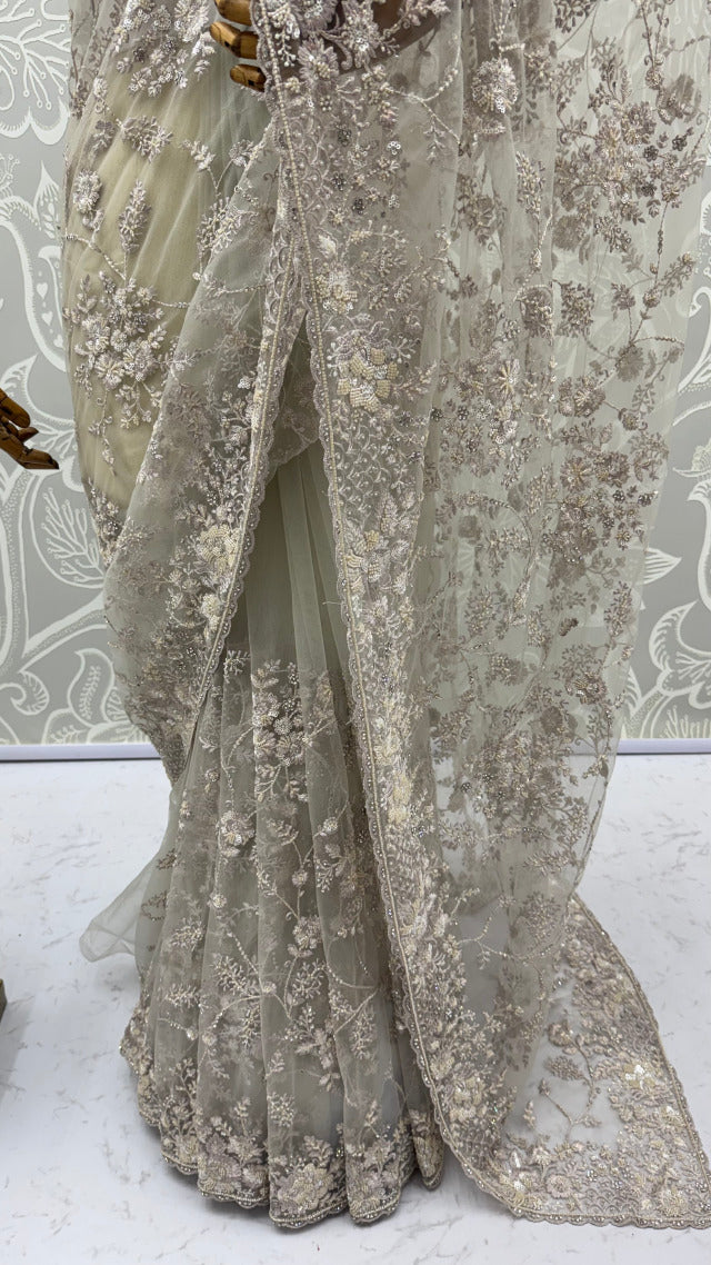 Beige Pure Premium Net Handwork Kasti &amp; Motif Zari Metallic Sequins Work Wedding Saree