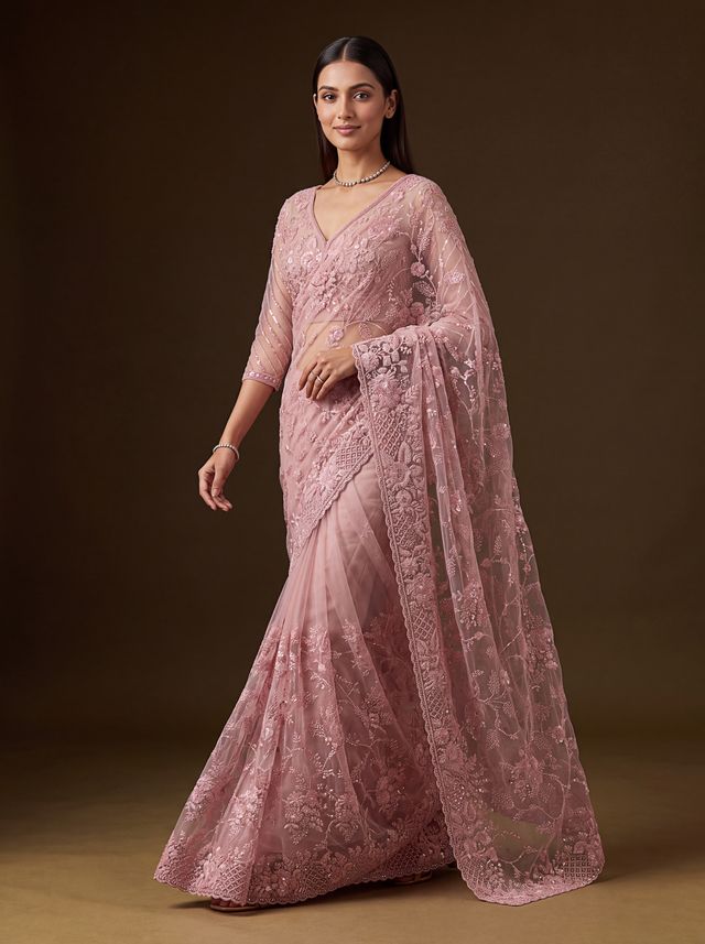 Pink Pure Premium Net Handwork Kasti &amp; Motif Zari Metallic Sequins Work Wedding Saree