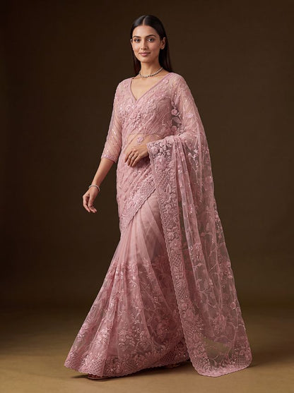Pink Pure Premium Net Handwork Kasti &amp; Motif Zari Metallic Sequins Work Wedding Saree
