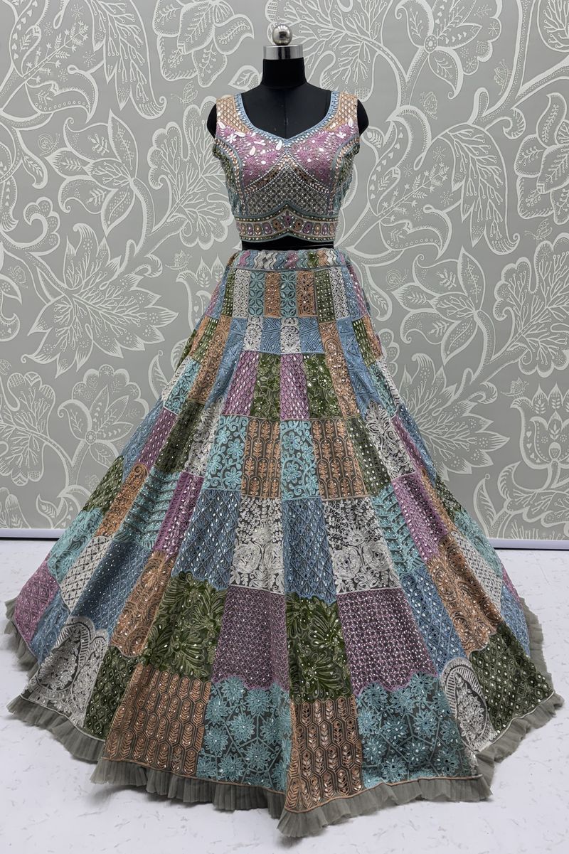 Multicolor Pure Soft Net Heavy Embroidery Work Bridal Lehenga
