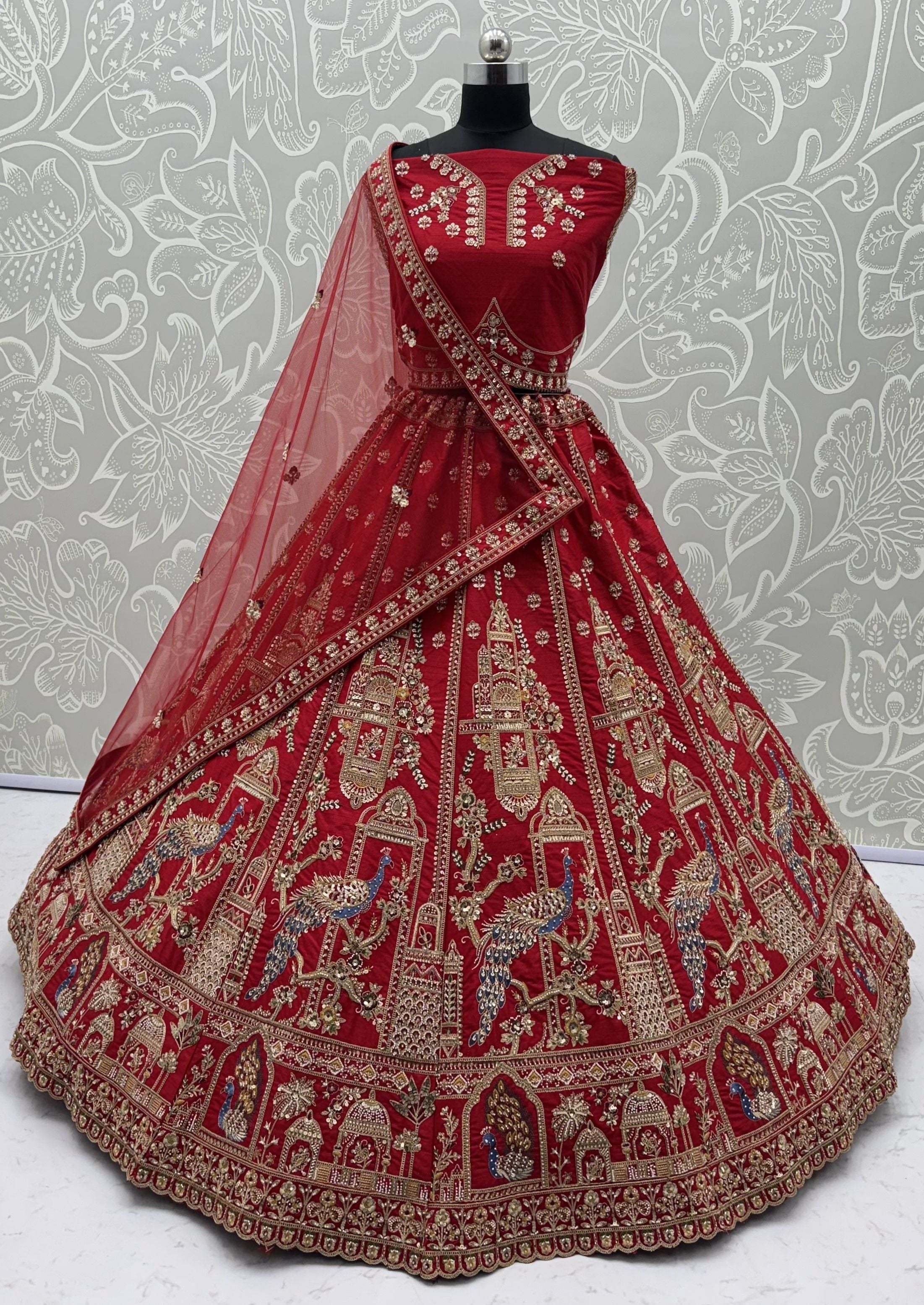 Red Pure Gadhwal Silk Khatali Handwork Sequins &amp; Crystal Bridal Lehenga Choli