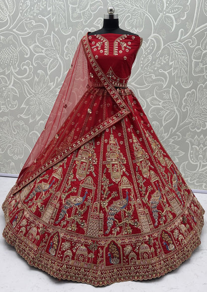 Red Pure Gadhwal Silk Khatali Handwork Sequins &amp; Crystal Bridal Lehenga Choli