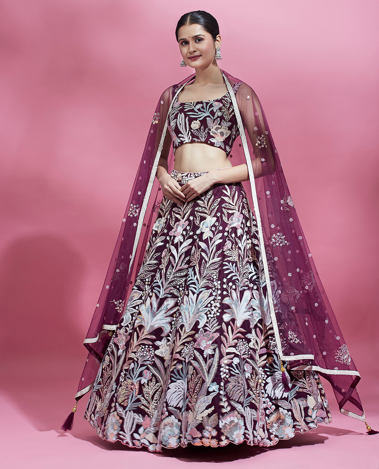 Burgundy net embroidered lehenga with dupatta front view

