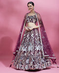 Burgundy net embroidered lehenga with dupatta front view

