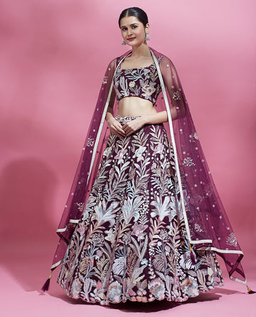Burgundy net embroidered lehenga with dupatta front view

