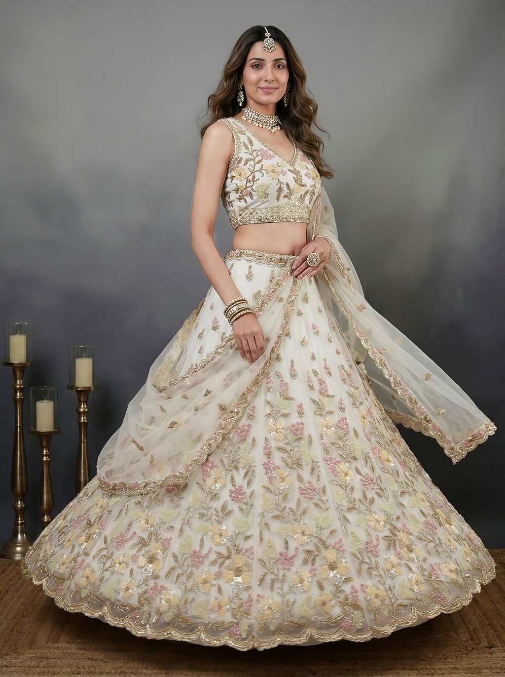 White Pure Soft Heavy Net Sequins Embroidery Work Bridal Lehenga 