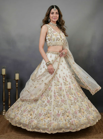 White Pure Soft Heavy Net Sequins Embroidery Work Bridal Lehenga 