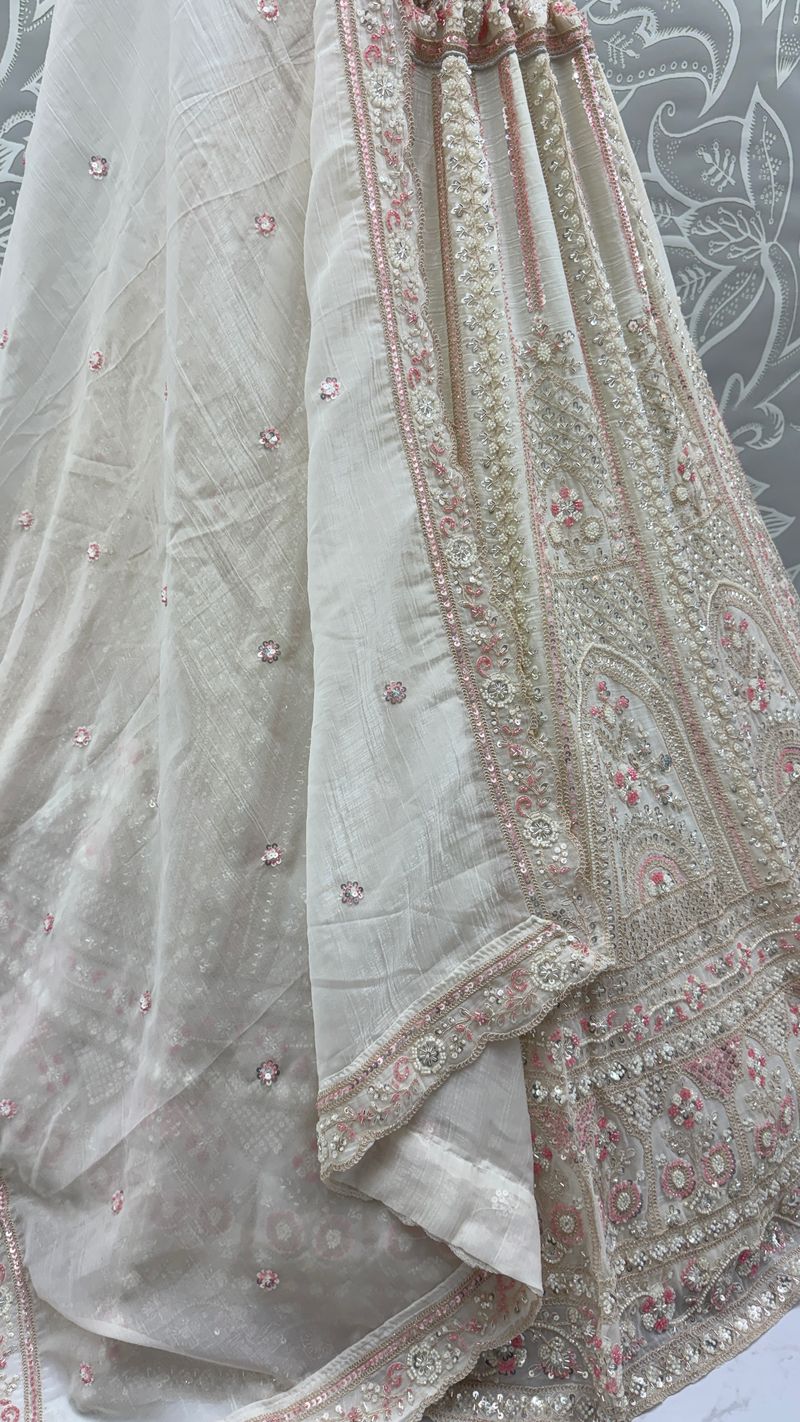 White Pure Soft Satin Silk Heavy Embroidery Work Bridal Lehenga