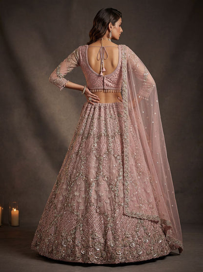 Peach Pink Pure Soft Heavy Double Net Crafted Fancy Chapat Zari Work Bridal Lehenga Choli