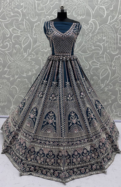 Midnight Blue Pure Soft Satin Silk Heavy Embroidery Work Bridal Lehenga