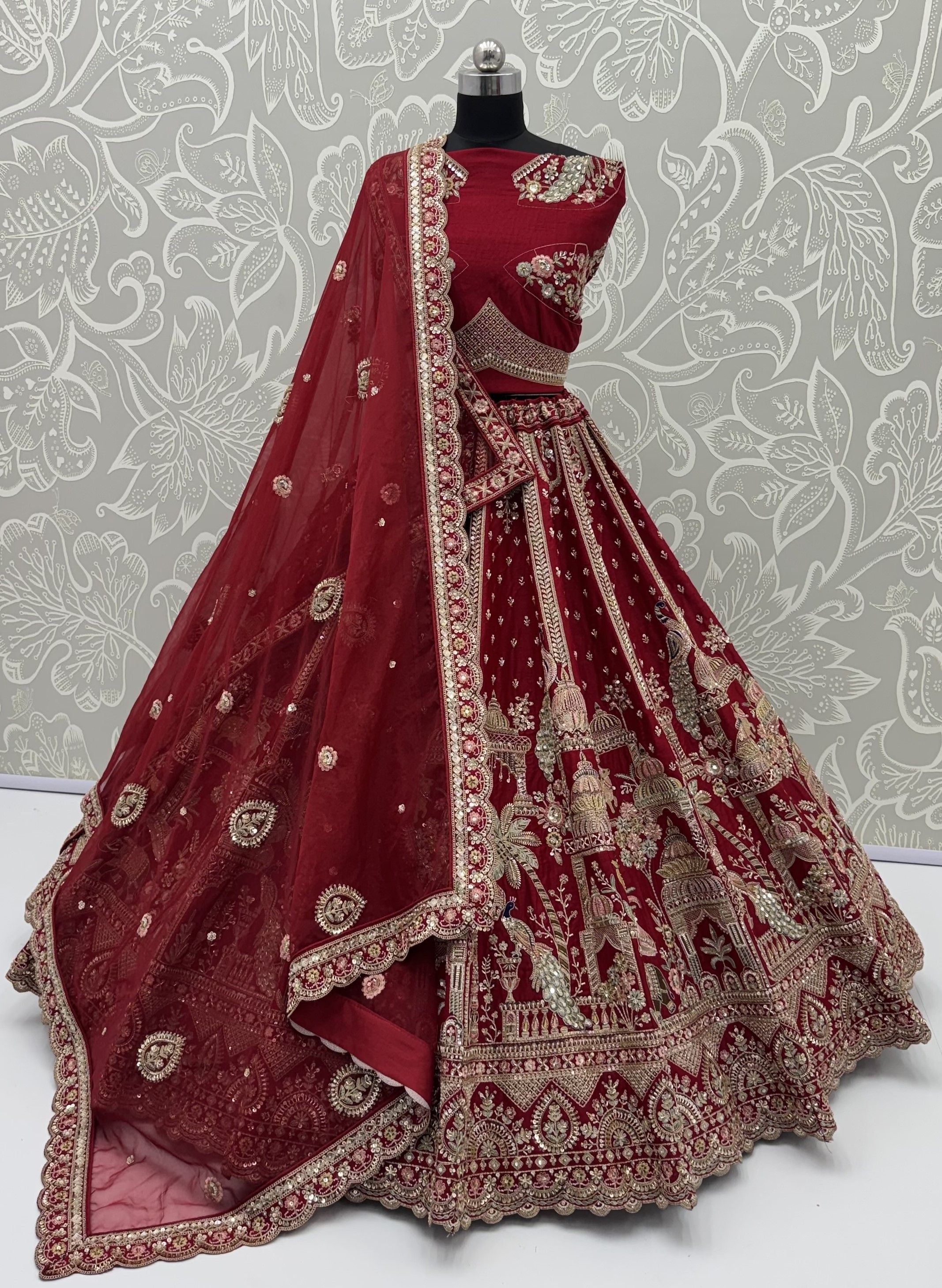 Red Pure Soft Multi Color Motif Multi thread Embroidery Sequins Work Bridal Lehenga Choli