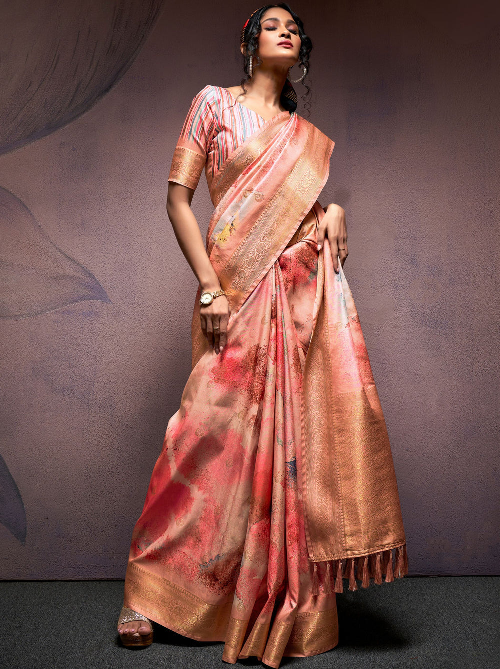 Orange Pure Banarasi Handloom Digital Printed Silk Saree 