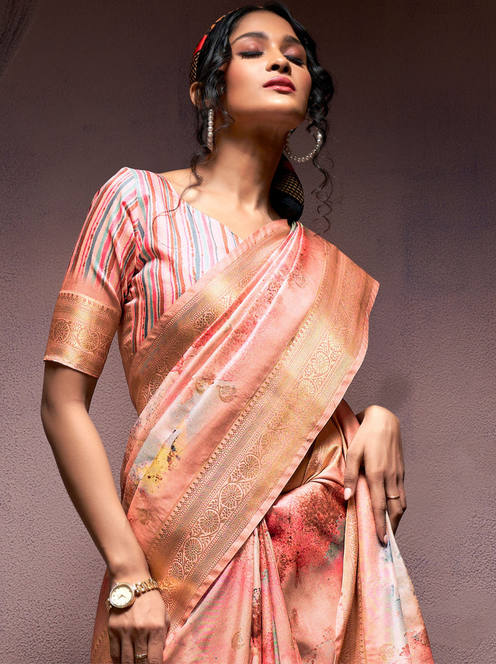 Orange Pure Banarasi Handloom Digital Printed Silk Saree 