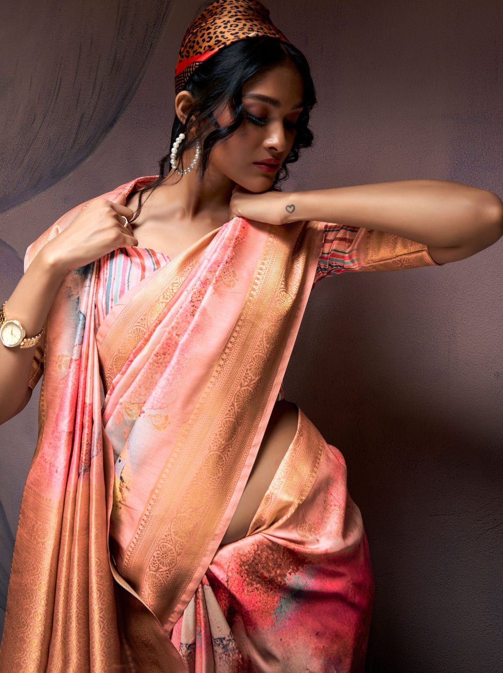 Orange Pure Banarasi Handloom Digital Printed Silk Saree 