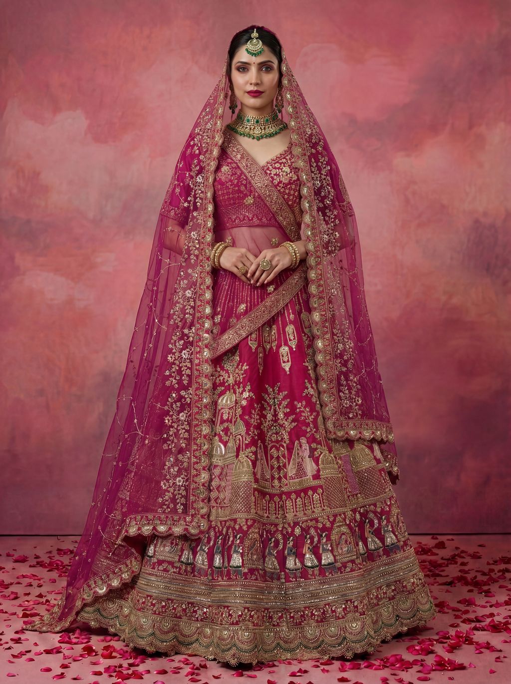 Pink Pure Soft Gadwal Silk Heavy Embroidery Work Bridal Lehenga 