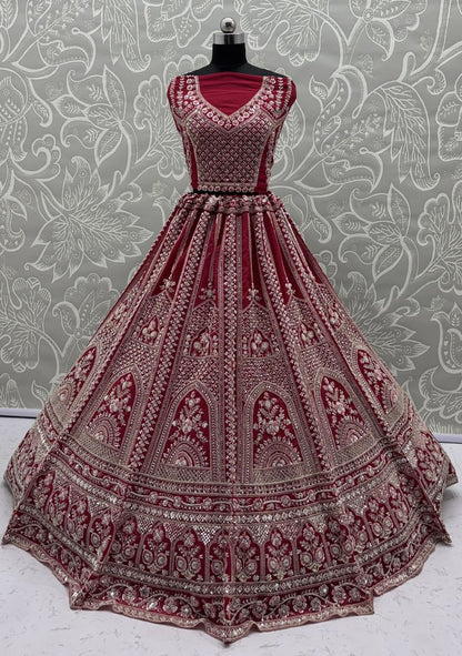 Red Pure Soft Satin Silk Heavy Embroidery Work Bridal Lehenga
