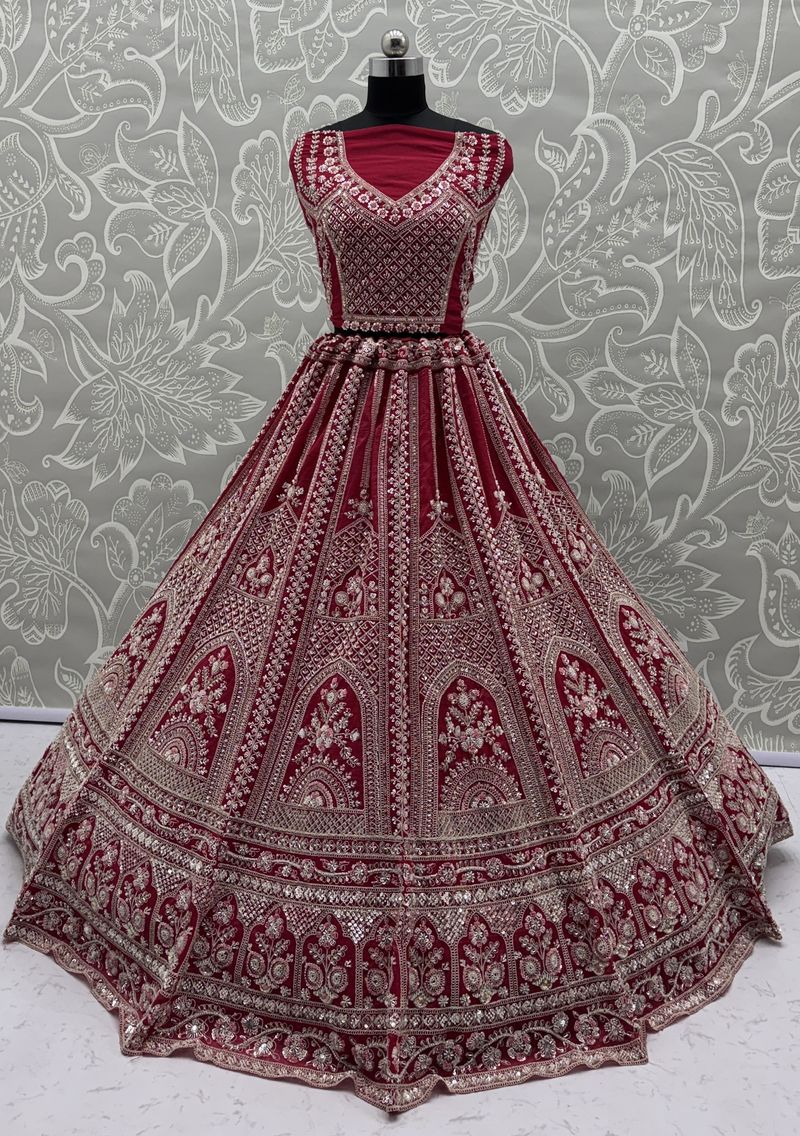 Red Pure Soft Satin Silk Heavy Embroidery Work Bridal Lehenga