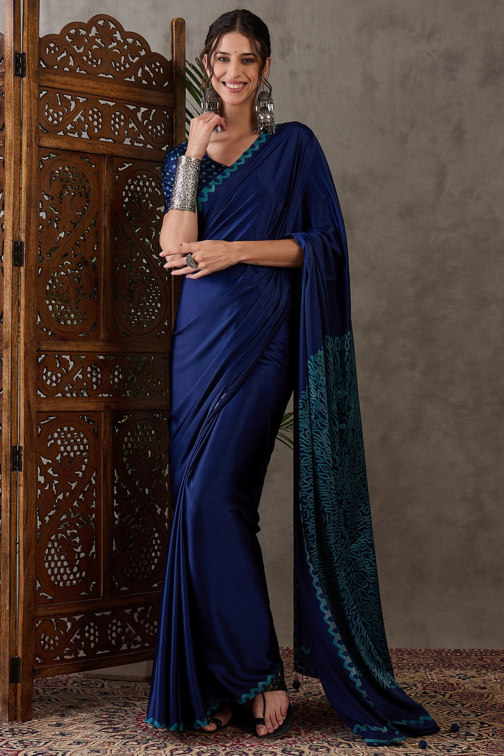 Blue Pure Gaji Silk Satin Printed Saree