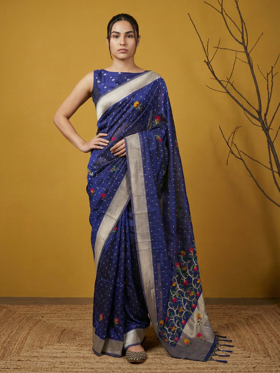 Blue Pure Organza Silk Meenakari Jamdani Zari Woven Organza Saree