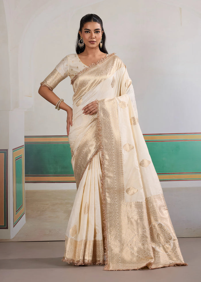 Floral White Woven Banarasi Satin Silk Saree Japan Satin Saree Anant Tex Exports Pvt.Ltd..