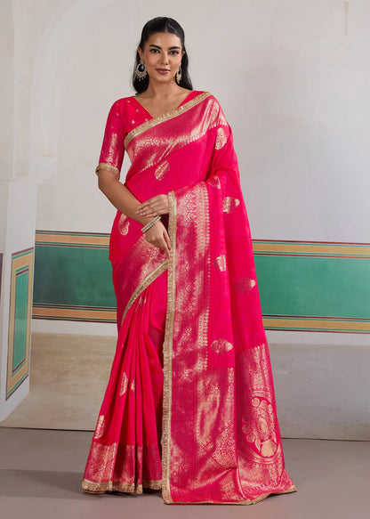 Pink Woven Banarasi Satin Silk Saree Japan Satin Saree Anant Tex Exports Pvt.Ltd..