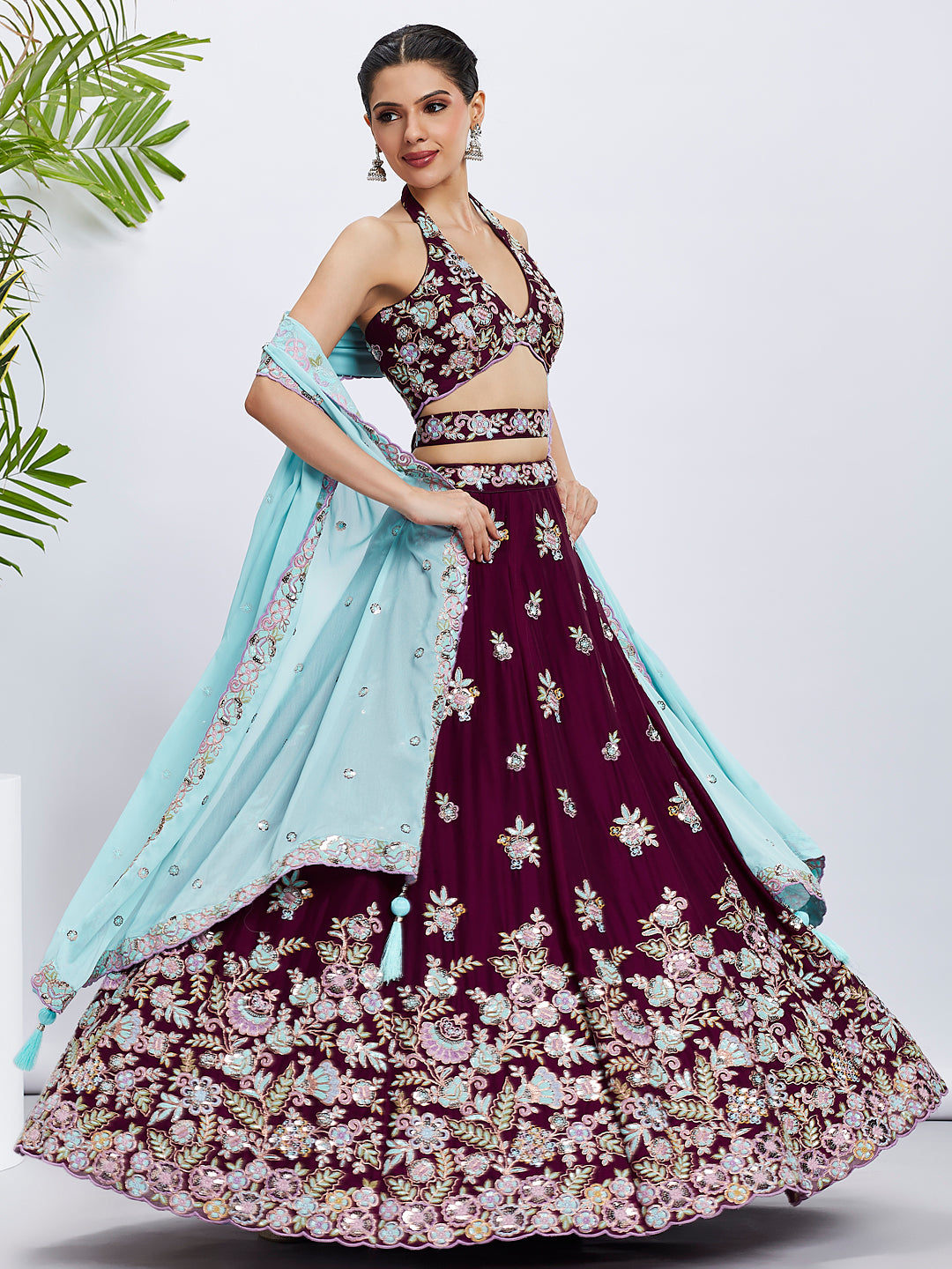 Burgundy Georgette Sequins Thread Embroidery Lehenga Choli &amp; Dupatta