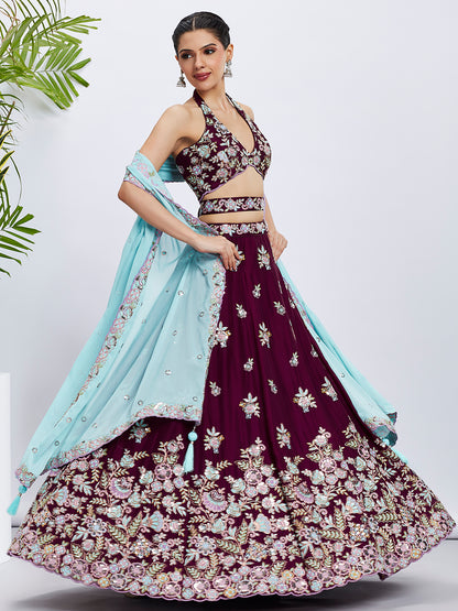 Burgundy Georgette Sequins Thread Embroidery Lehenga Choli &amp; Dupatta