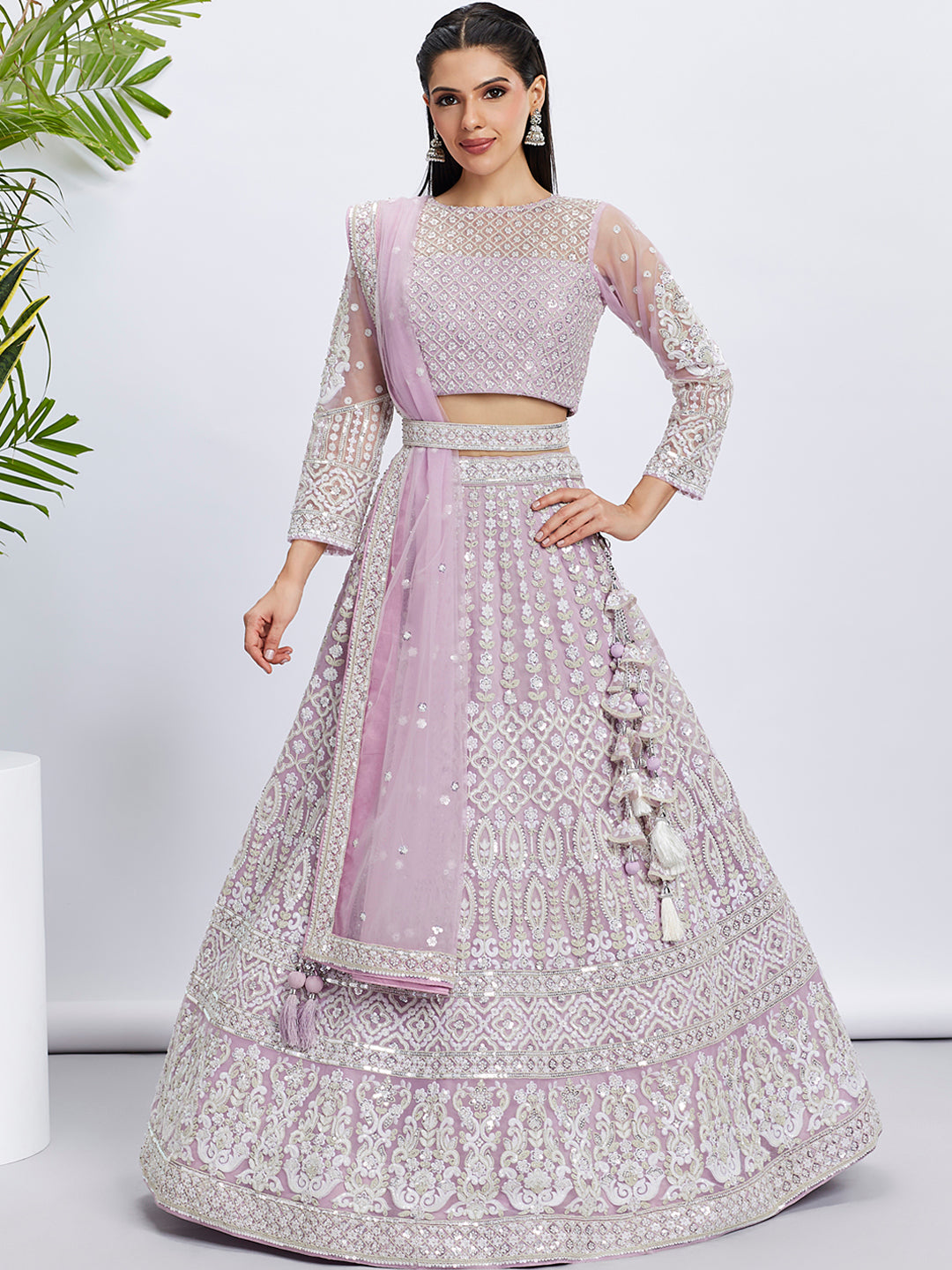 Lavender Net Sequins and Thread Embroidery Lehenga Choli &amp; Dupatta