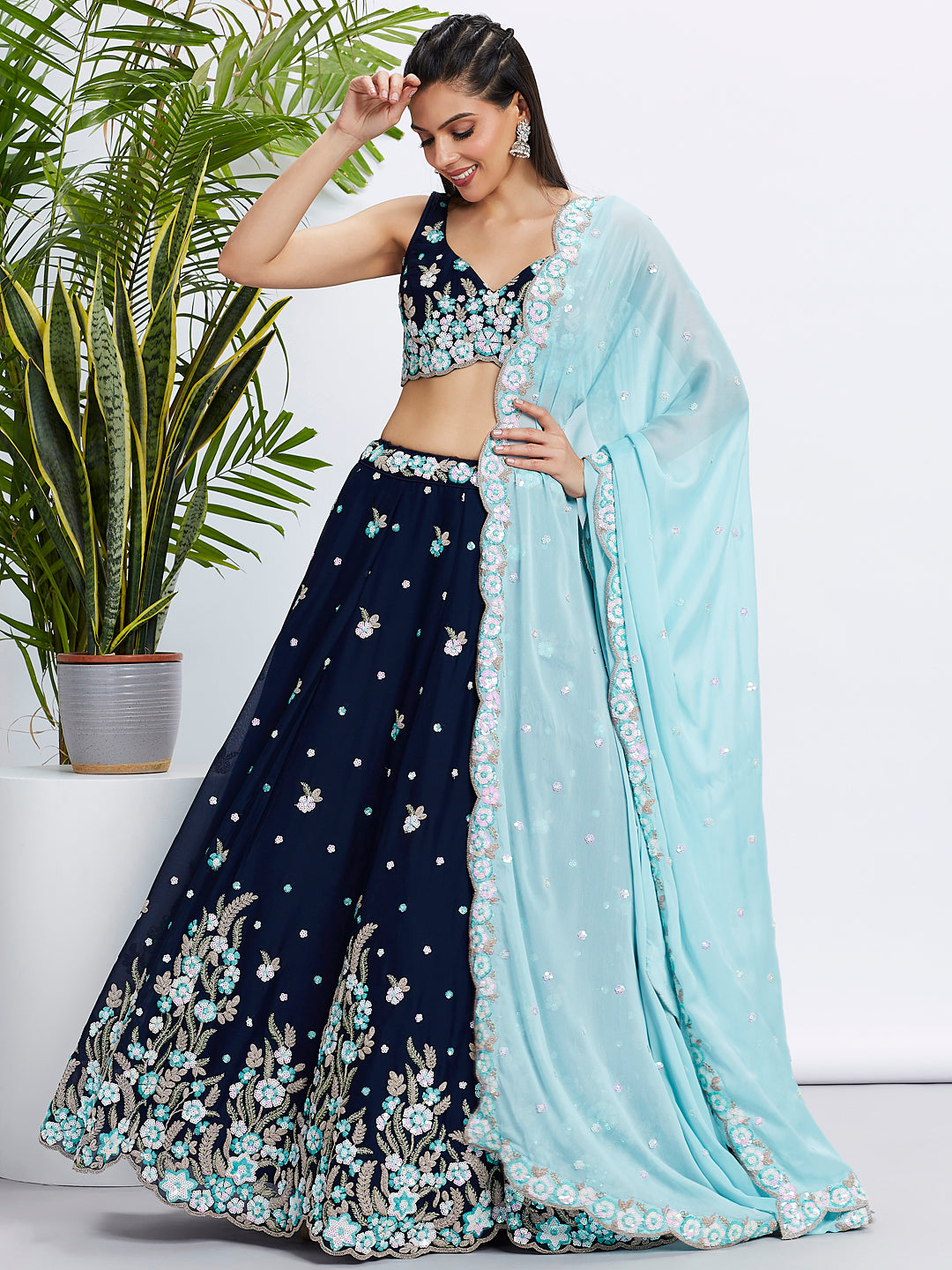 Navy Blue Georgette Sequins &amp; Thread Embroidery Lehenga Choli &amp; Dupatta
