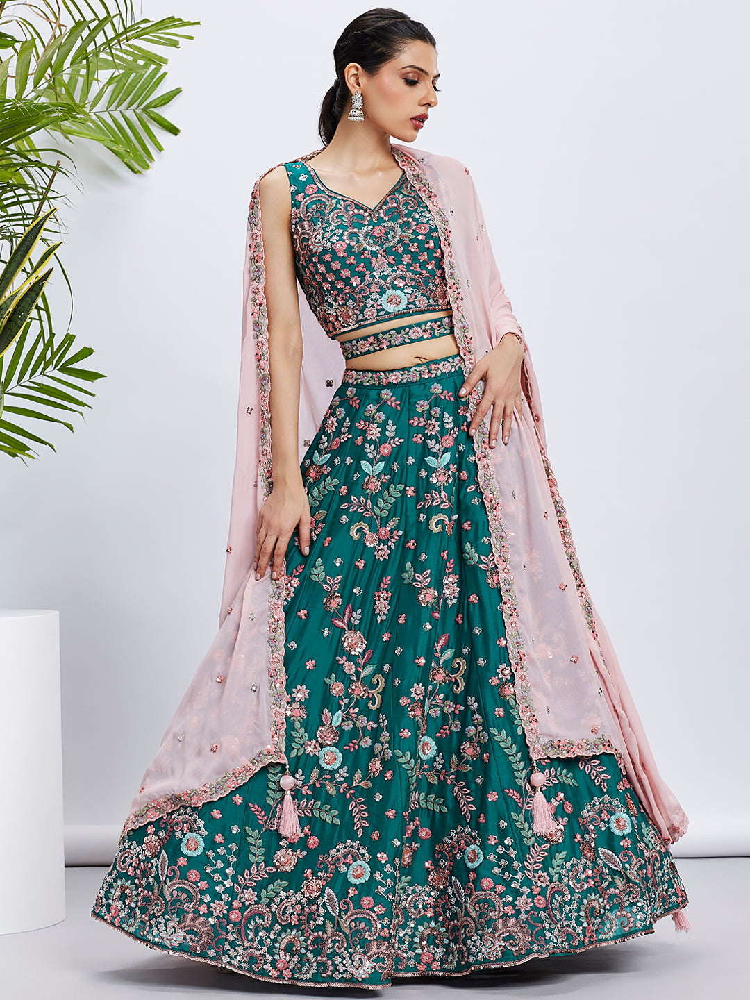 Green Georgette Sequins and Thread Embroidery Lehenga Choli &amp; Dupatta