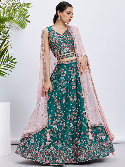 Green Georgette Sequins and Thread Embroidery Lehenga Choli &amp; Dupatta