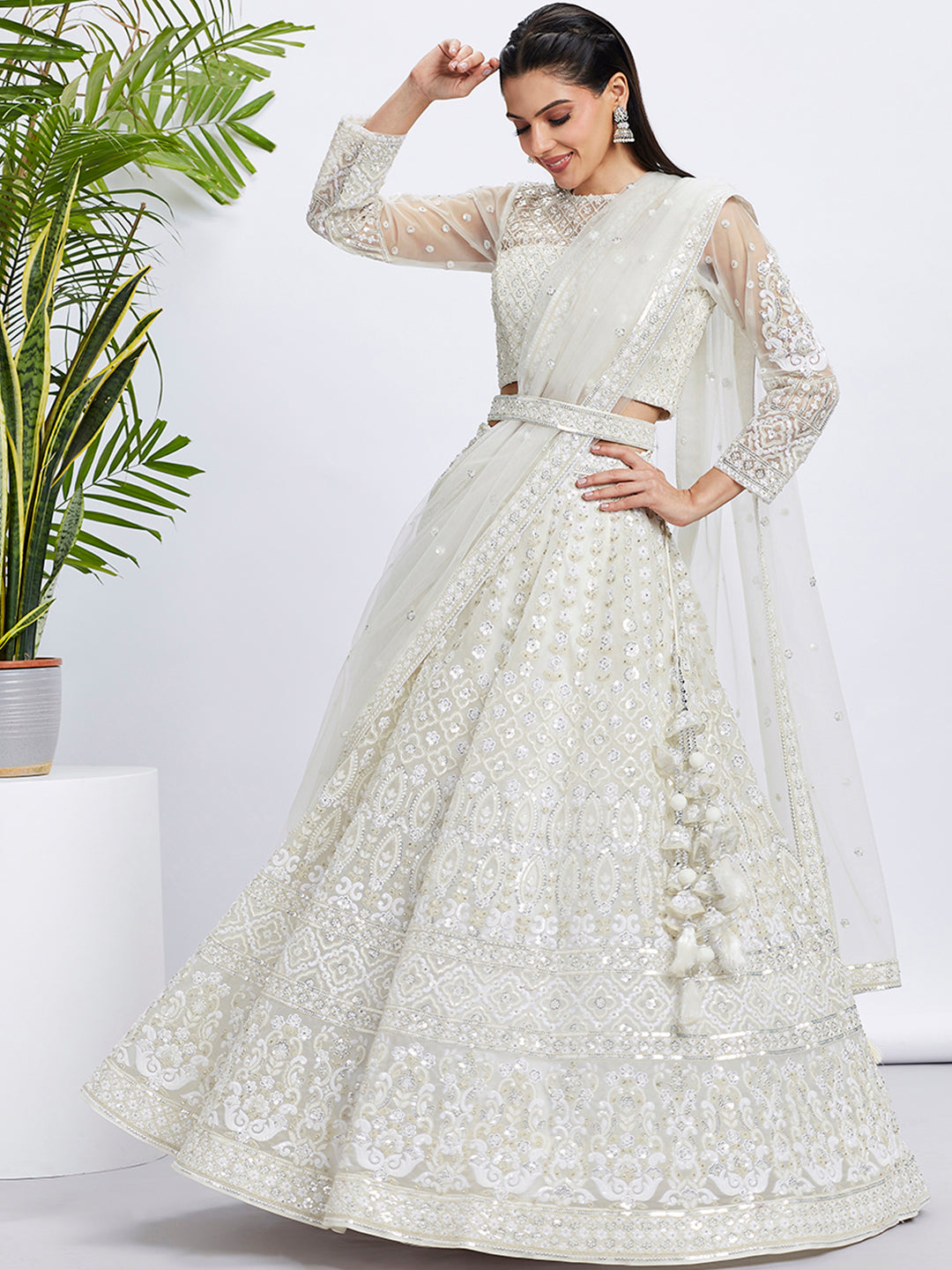Cream Net Sequins and Thread Embroidery Lehenga Choli &amp; Dupatta