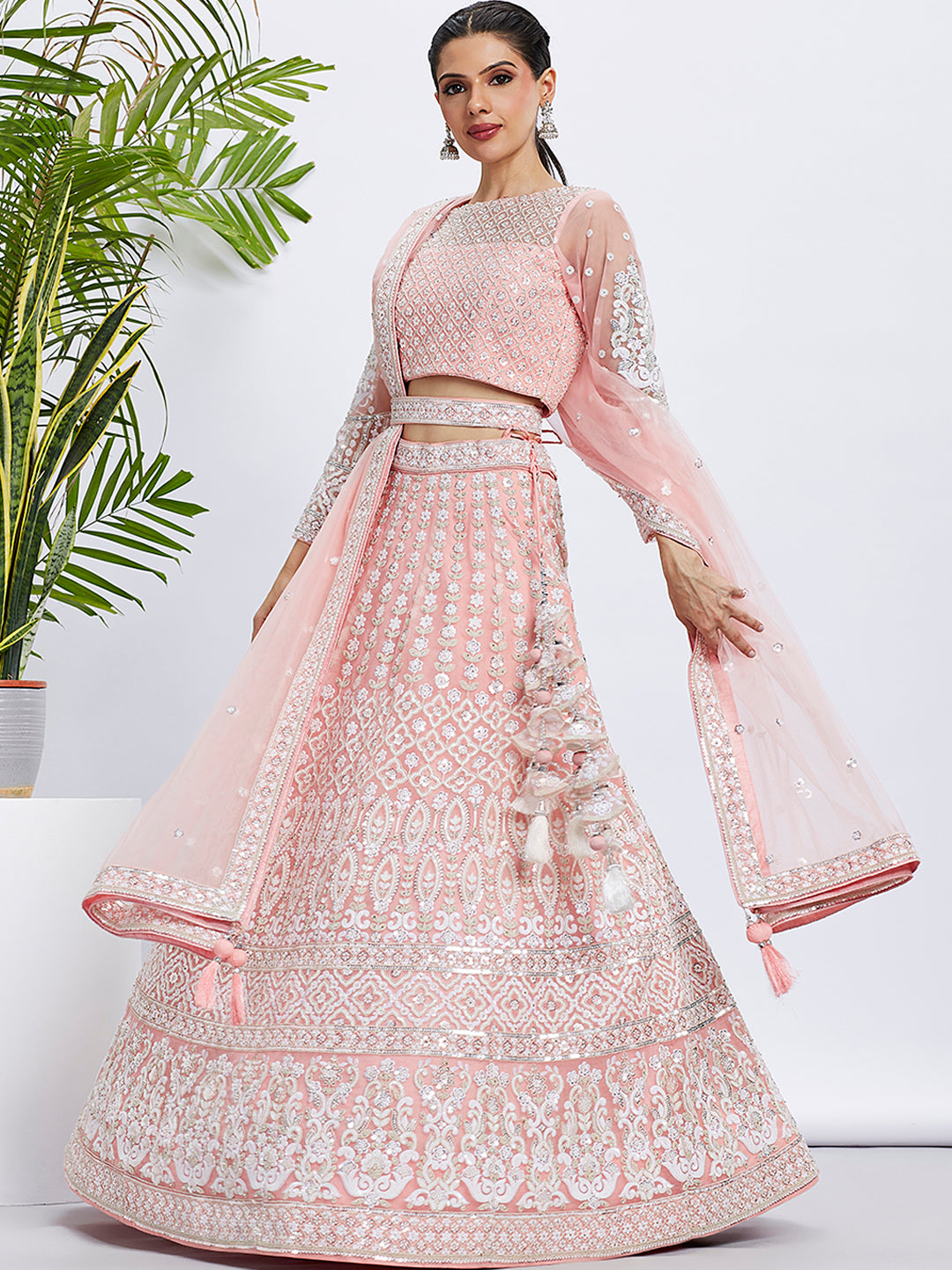 Coral Net Sequins and Thread Embroidery Lehenga choli &amp; Dupatta