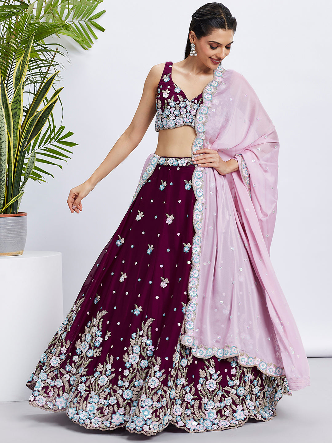 Burgundy Georgette Sequins and Thread Embroidery Lehenga Choli &amp; Dupatta