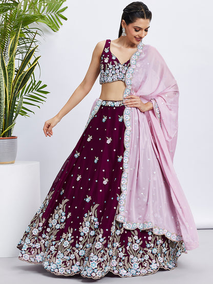 Burgundy Georgette Sequins and Thread Embroidery Lehenga Choli &amp; Dupatta