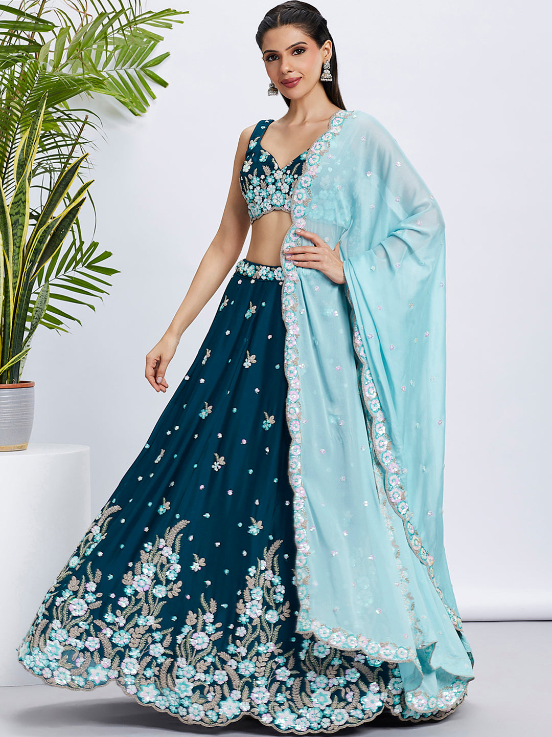 Teal Georgette Sequins &amp; Thread Embroidery Lehenga Choli &amp; Dupatta