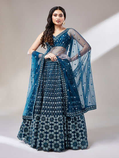 Navy Blue Net heavy Sequins Embroidery Lehenga Choli &amp; Dupatta