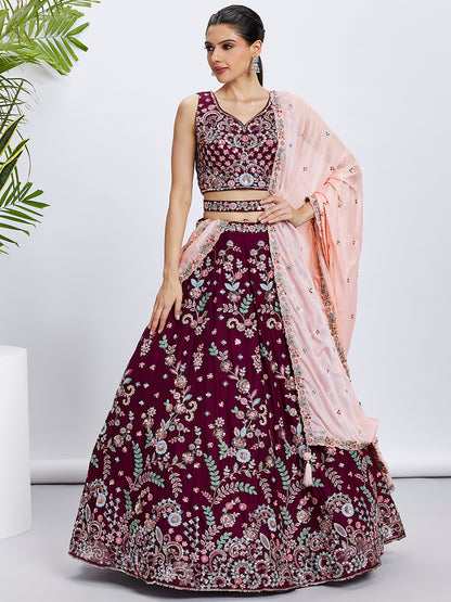 Burgundy Georgette Sequins and Thread Embroidery Lehenga Choli &amp; Dupatta