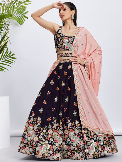 Magenta Organza Sequins Thread Embroidery Lehenga Choli &amp; Dupatta
