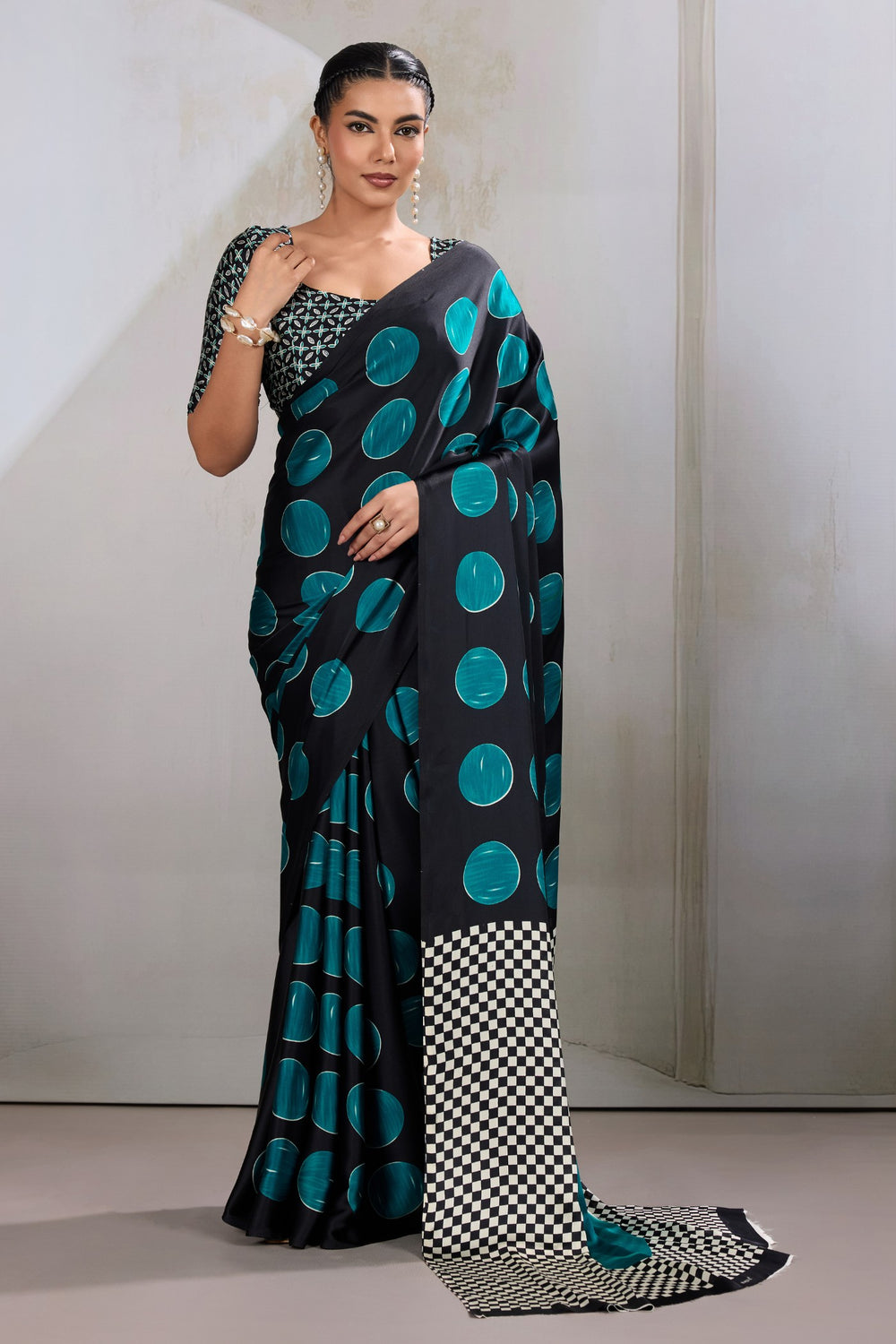 Havelock Blue Printed Polka Dots Satin Crepe Saree ##color## Floral Printed Saree with premium fabric and embroidery