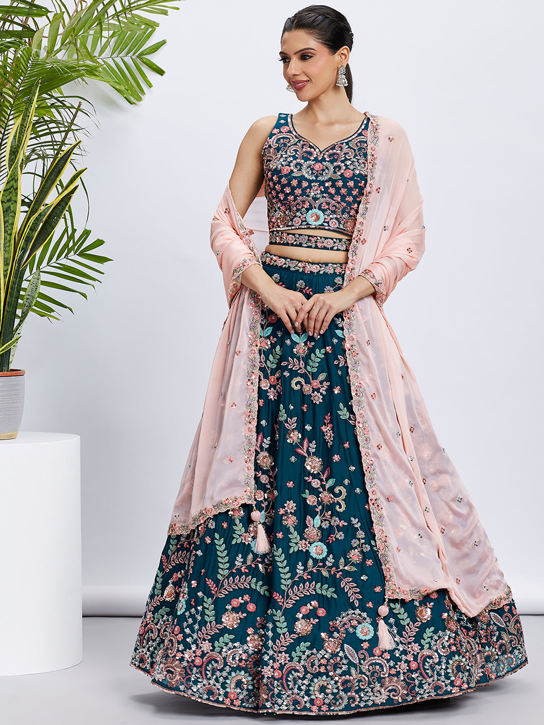 Teal Pure Georgette Sequins and Thread Embroidery Lehenga choli &amp; Dupatta