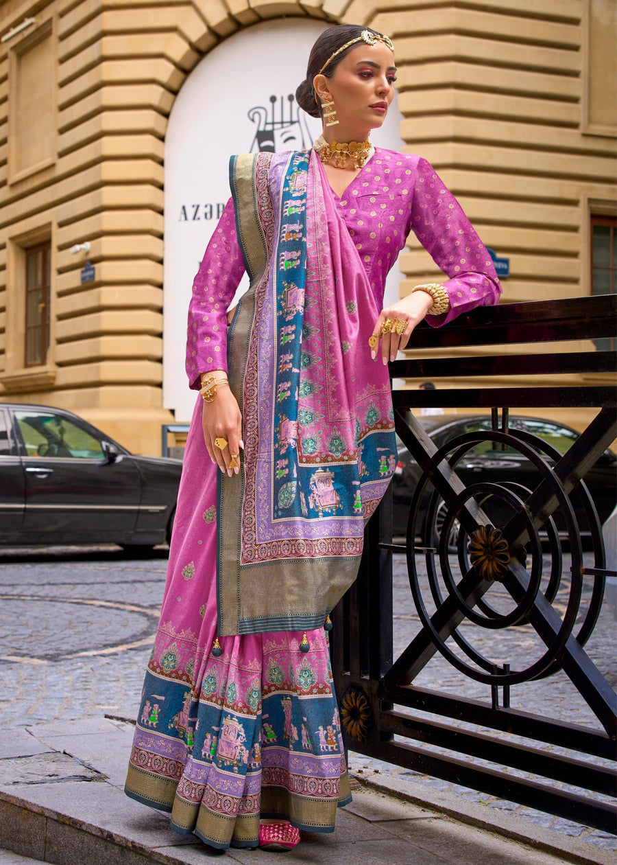 Pink Pure Viscose Silk Blend Foil Print Saree 