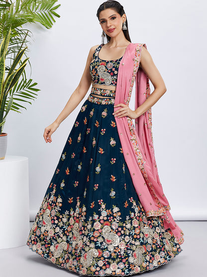 Navy Blue Organza Sequins Thread Embroidery Lehenga Choli &amp; Dupatta