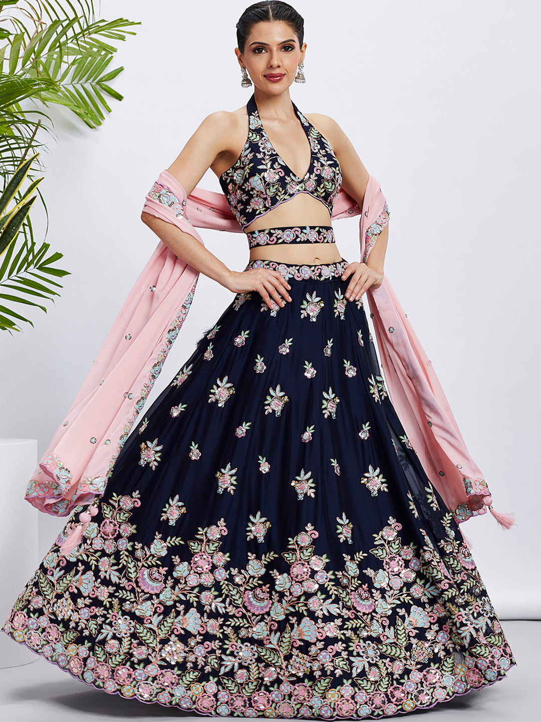 Navy Blue Georgette Sequins Thread Embroidery Lehenga Choli &amp; Dupatta